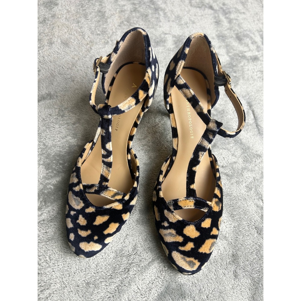 Anthropologie A/ Velvet Leopard Print T-Strap Heels Navy Gold Animal Pumps 6